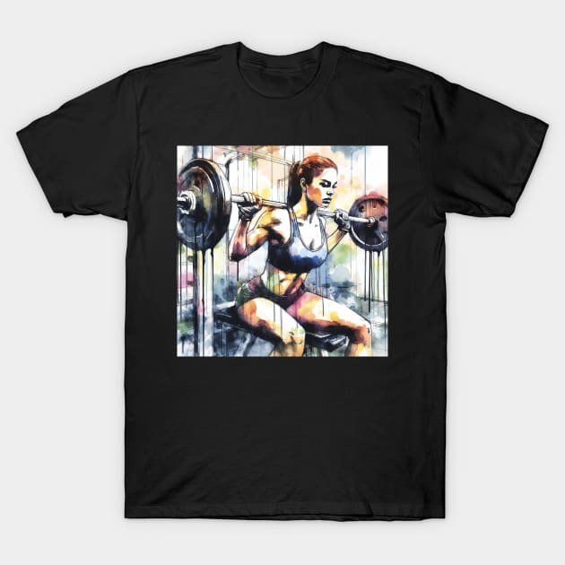Artistic illustration of a woman lifting weights in the gym T-Shirt by WelshDesigns